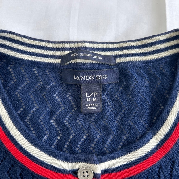 Lands End Navy Cardigan with Red and White Striping - Picture 3 of 4